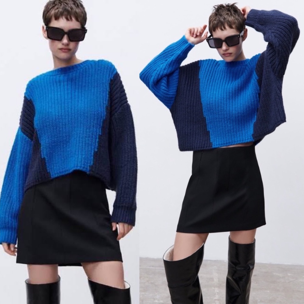 💙 ZARA BLUE NAVY COLOR BLOCK CHUNKY KNIT CROPPED JUMPER! - Picture 12 of 12